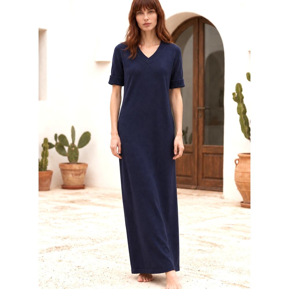 Lauren Ralph Lauren Navy Cotton Maxi Column Dress XSP V Neck Rib Cuff Sleeve Y2K